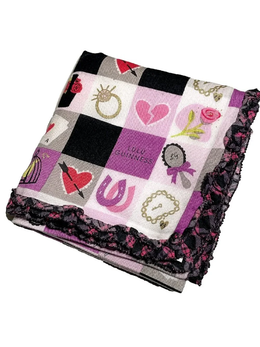 Lulu Guinness London Scarf – Retro Pink Check Pattern, Ruffle Border - Picture 2 of 12